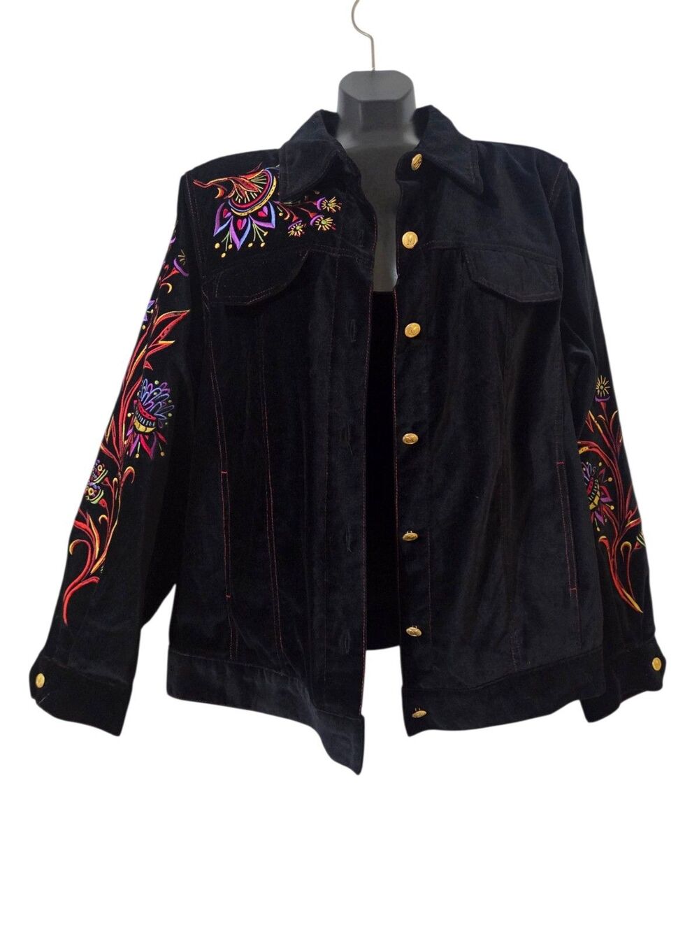 Bob Mackle Wearable Art Velvet Jacket L Black Embroidered Floral Abstract B401